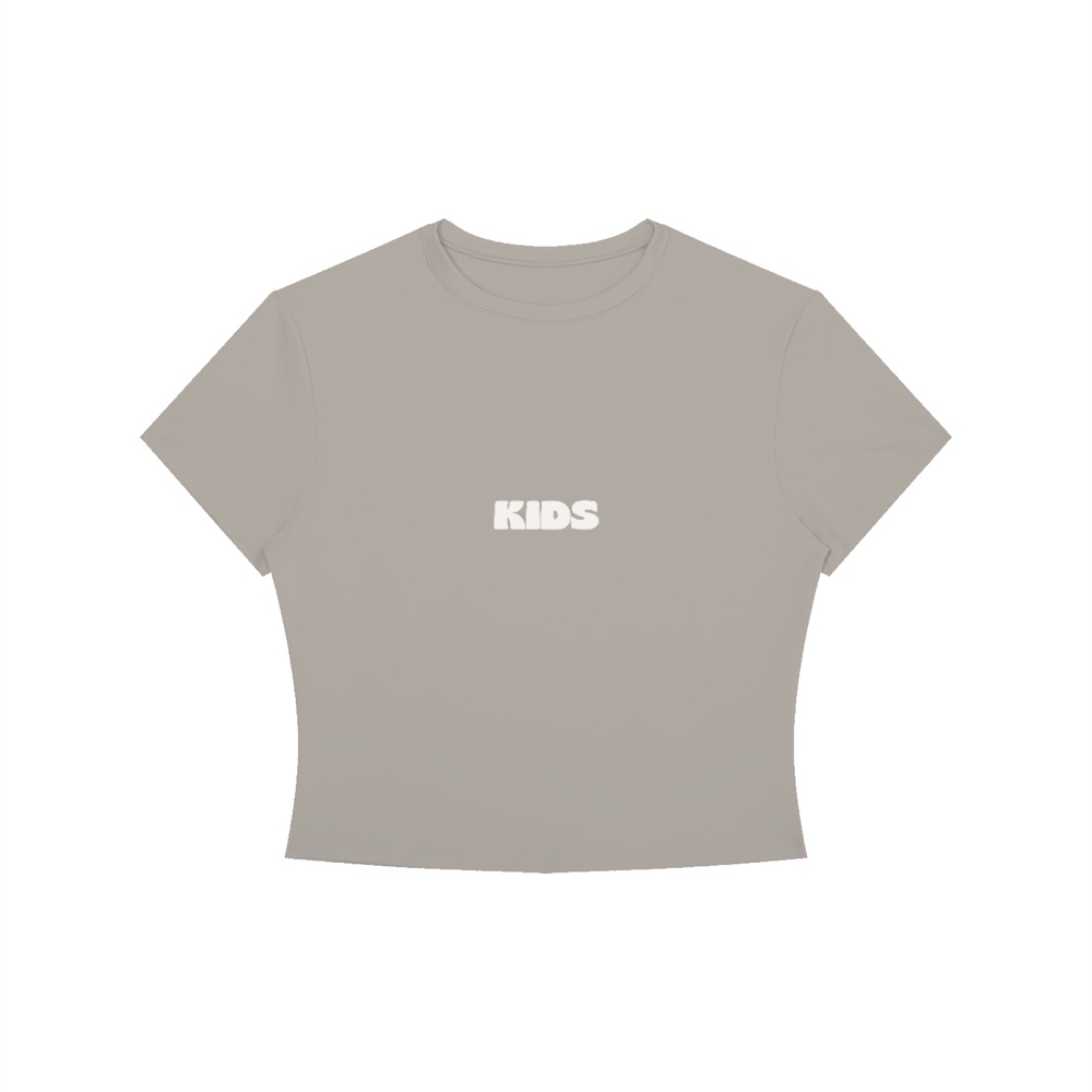 Why Not You? baby tee in stone, front.