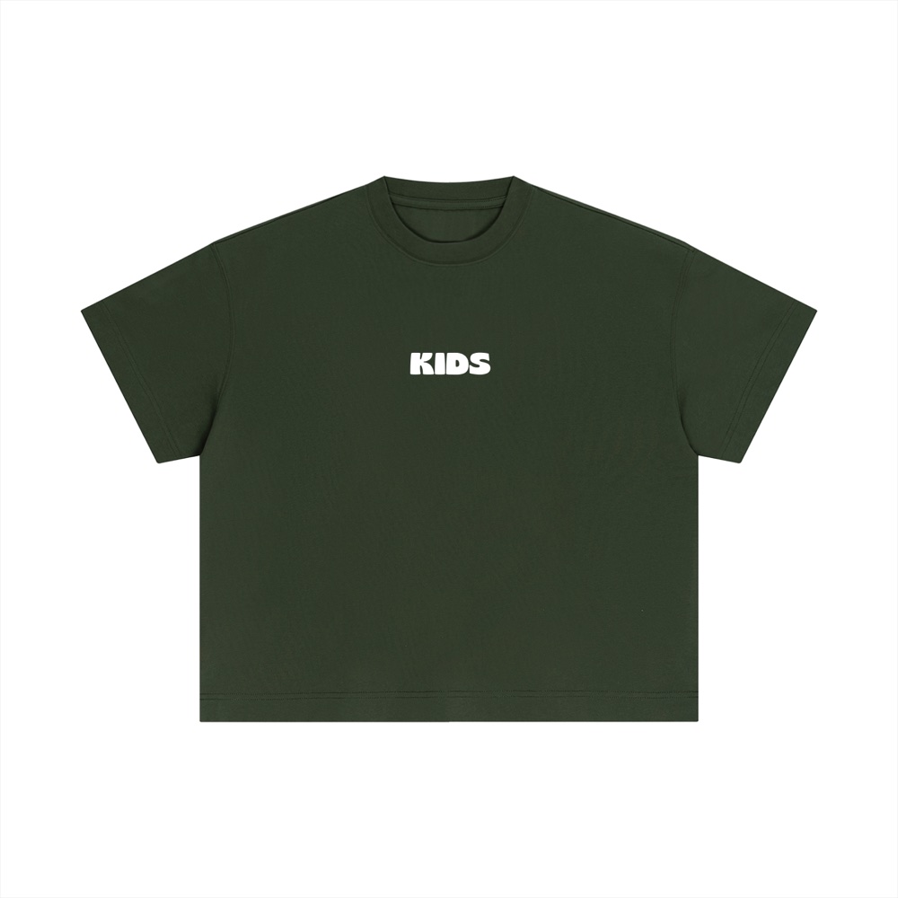 Why Not You? boxy tee in dark green, front.
